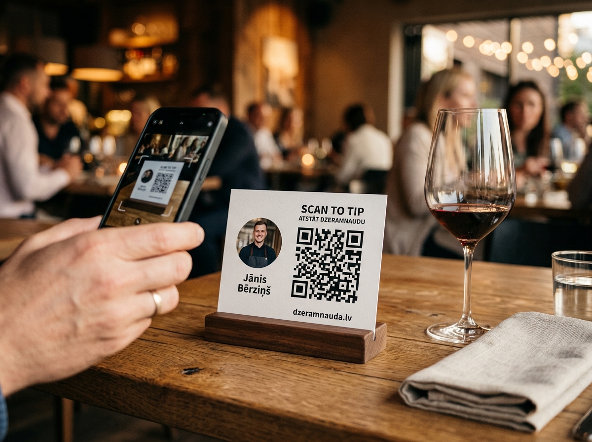 Vizītkarte ar QR kodu uz restorāna galdiņa